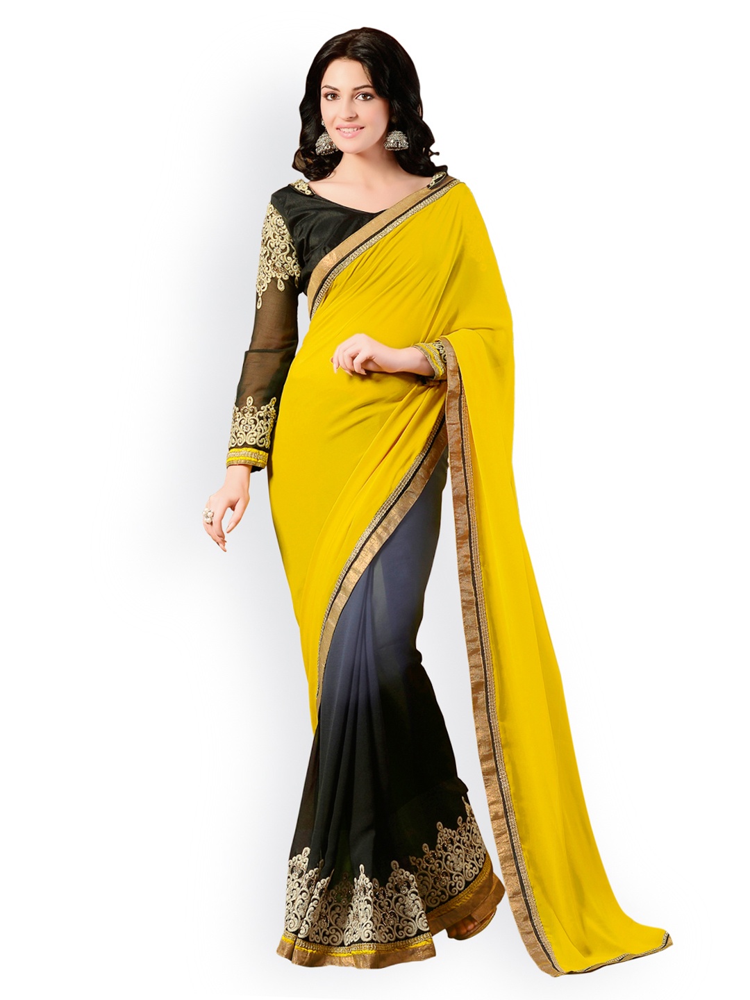 

Kalista Yellow & Black Embroidered Chiffon Partywear Saree
