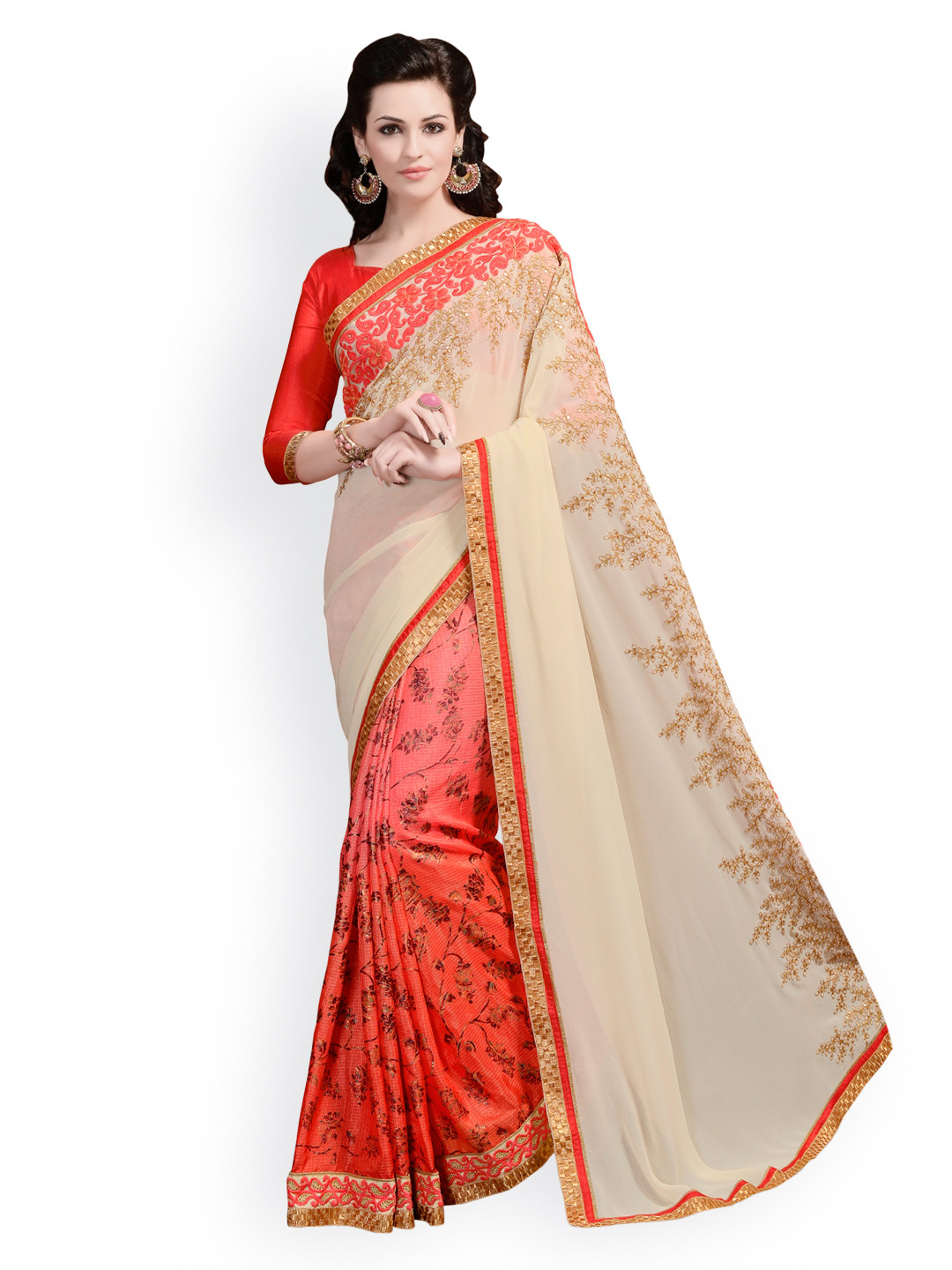 

Kalista Cream-Coloured & Orange Embroidered Chiffon Partywear Saree