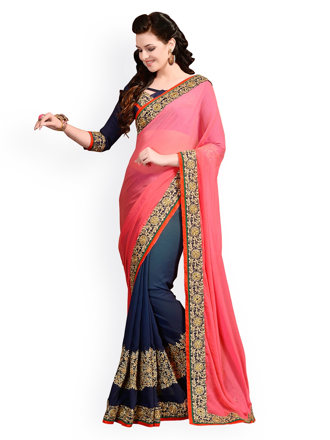 

Kalista Coral Red & Navy Embroidered Georgette Partywear Saree