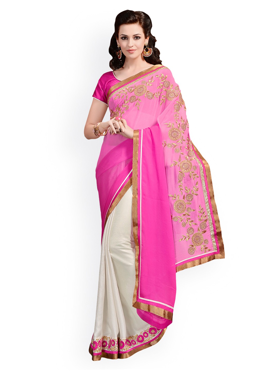 

Kalista Pink & Cream-Coloured Embroidered Georgette Partywear Saree