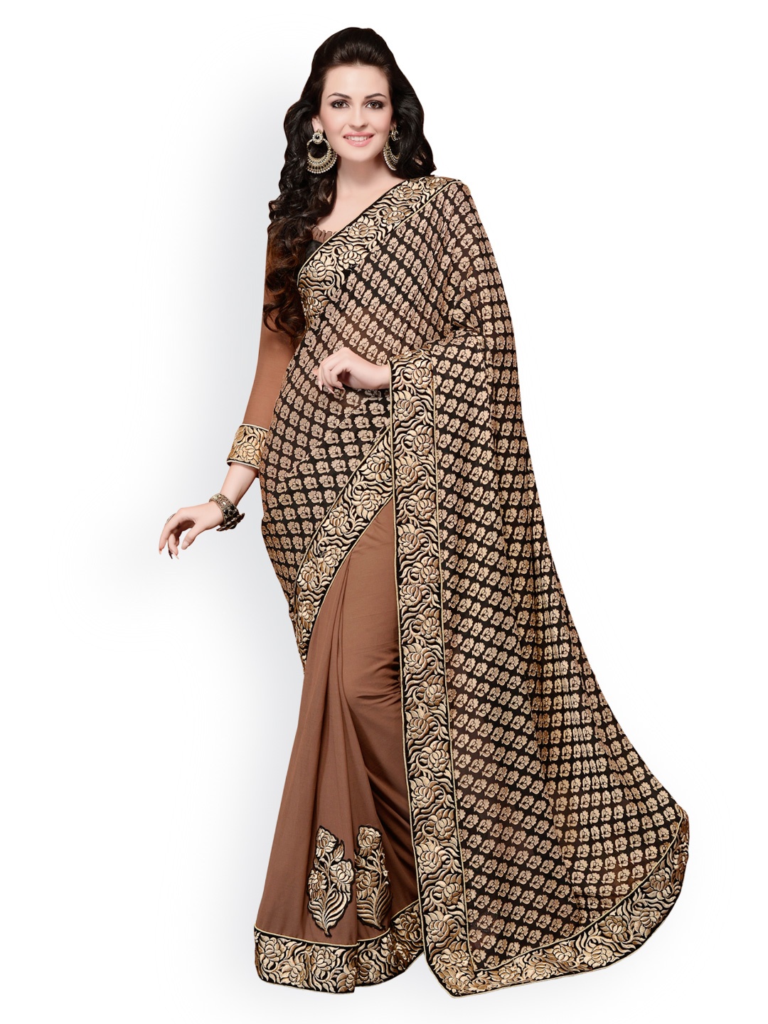 

Kalista Brown & Black Embroidered Chiffon Partywear Saree