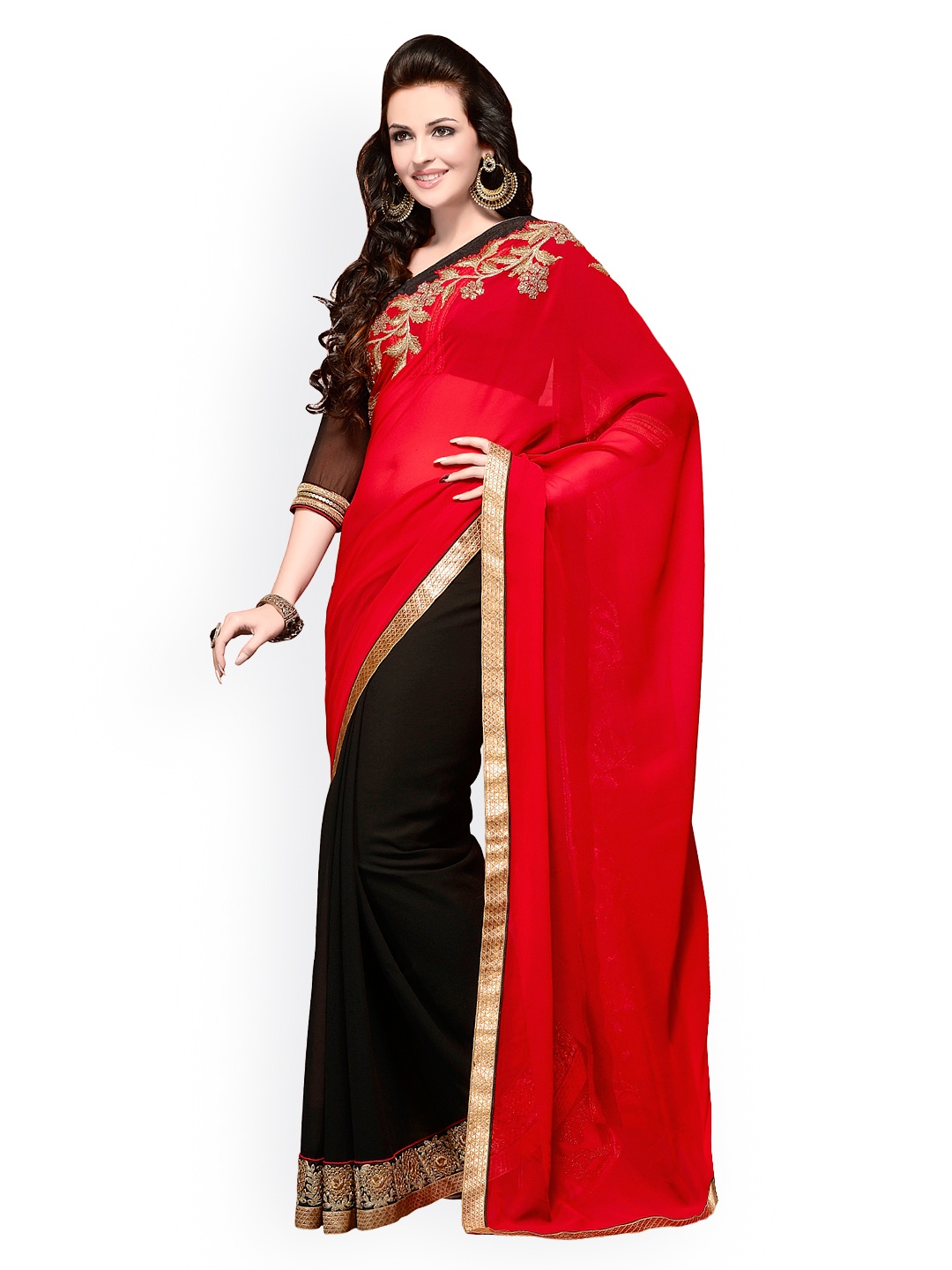 

Kalista Red & Black Embroidered Georgette Partywear Saree