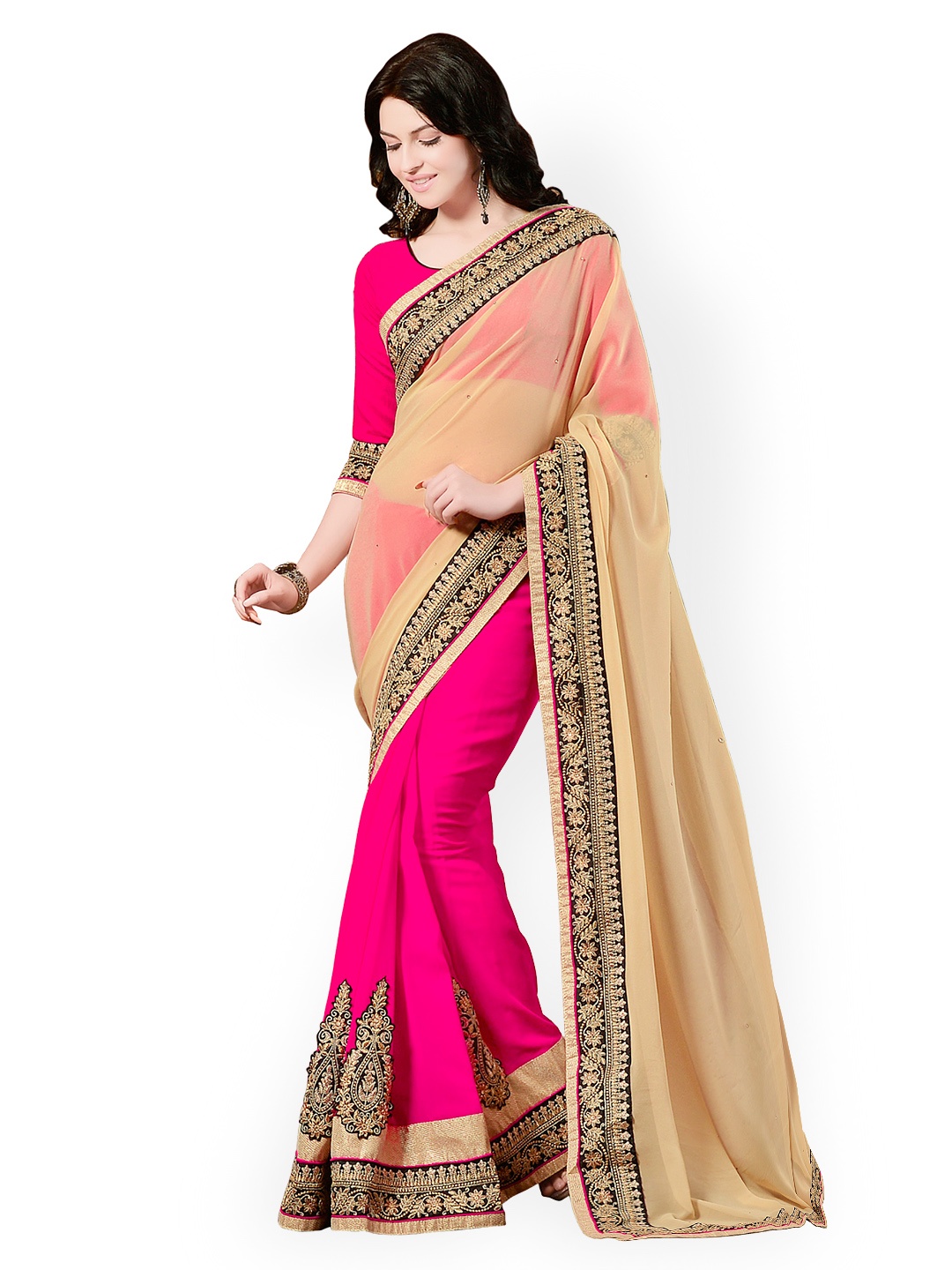 

Kalista Beige & Pink Embroidered Georgette Partywear Saree