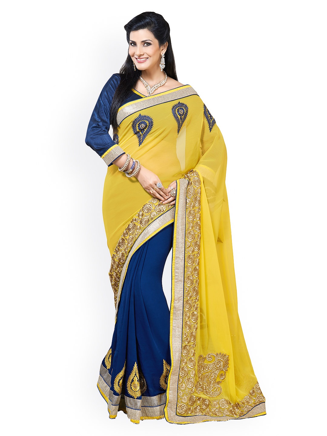

Kalista Yellow & Navy Embroidered Chiffon Partywear Saree