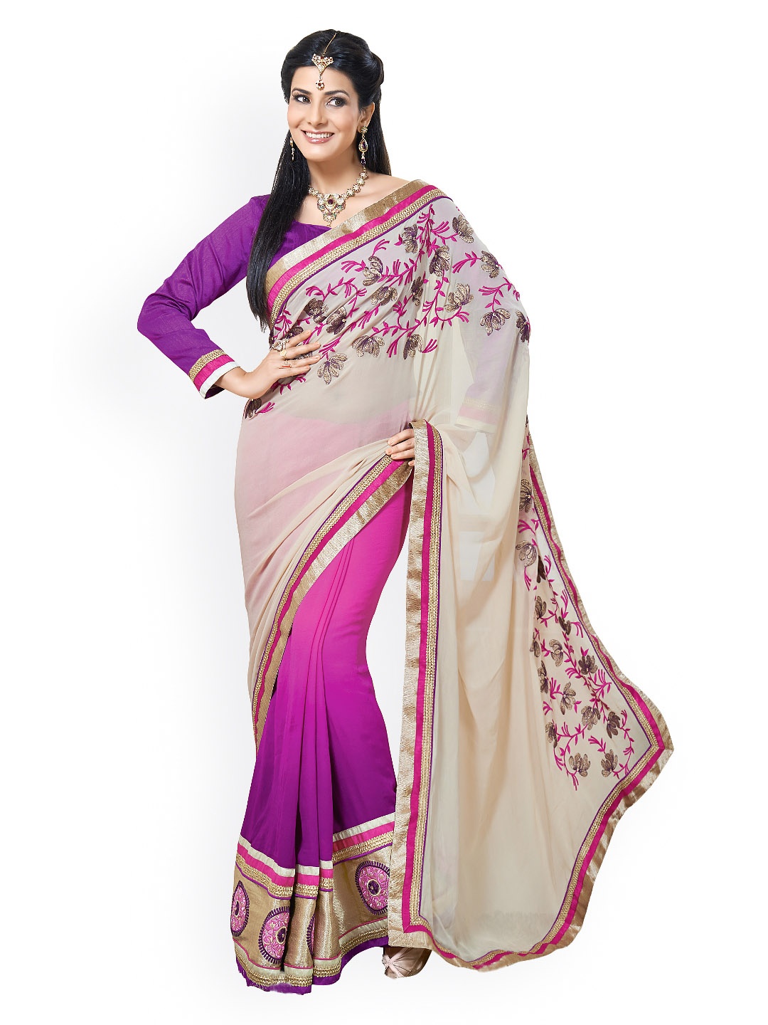 

Kalista Beige & Purple Embroidered Georgette Partywear Saree