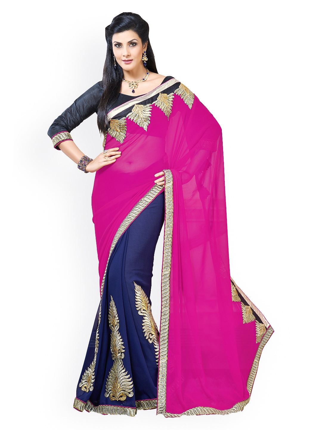 

Kalista Pink & Navy Embroidered Chiffon Partywear Saree