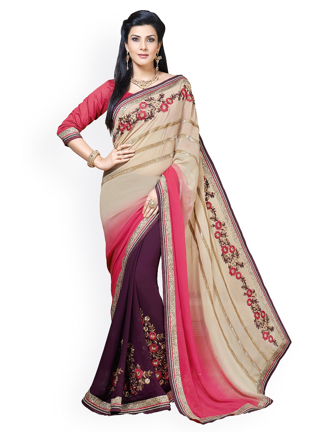 

Kalista Beige & Purple Chiffon Embroidered Partywear Saree