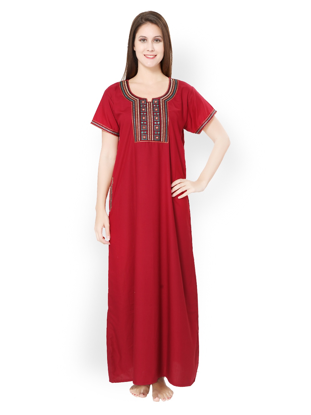 

Sand Dune Women Maroon Embroidered Maxi Nightdress 3982