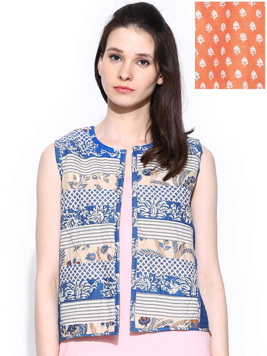 

W Women Blue & Orange Printed Reversible Sleeveless Waistcoat