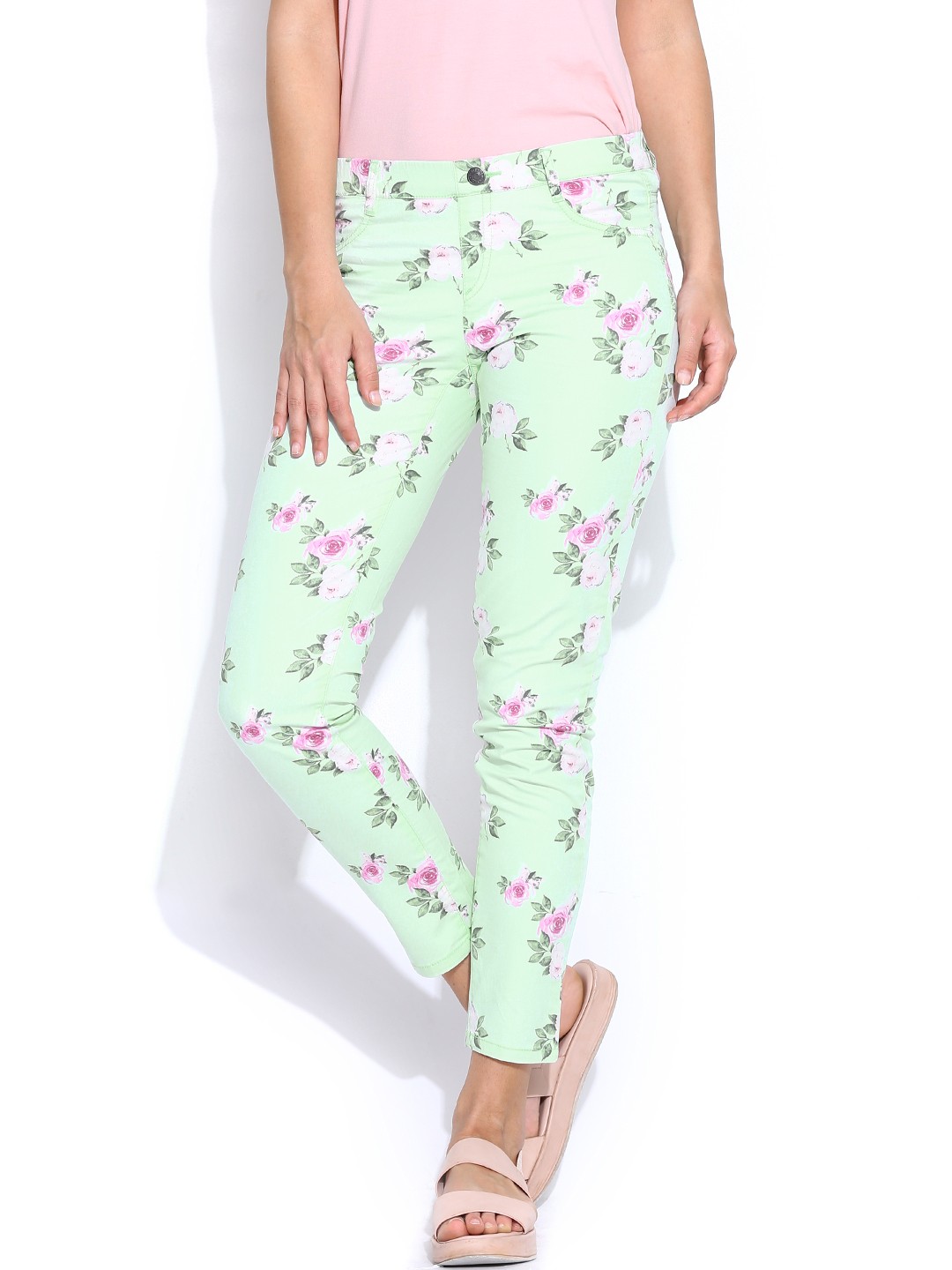 

United Colors of Benetton Women Mint Green Floral Printed Slim Fit Jeggings