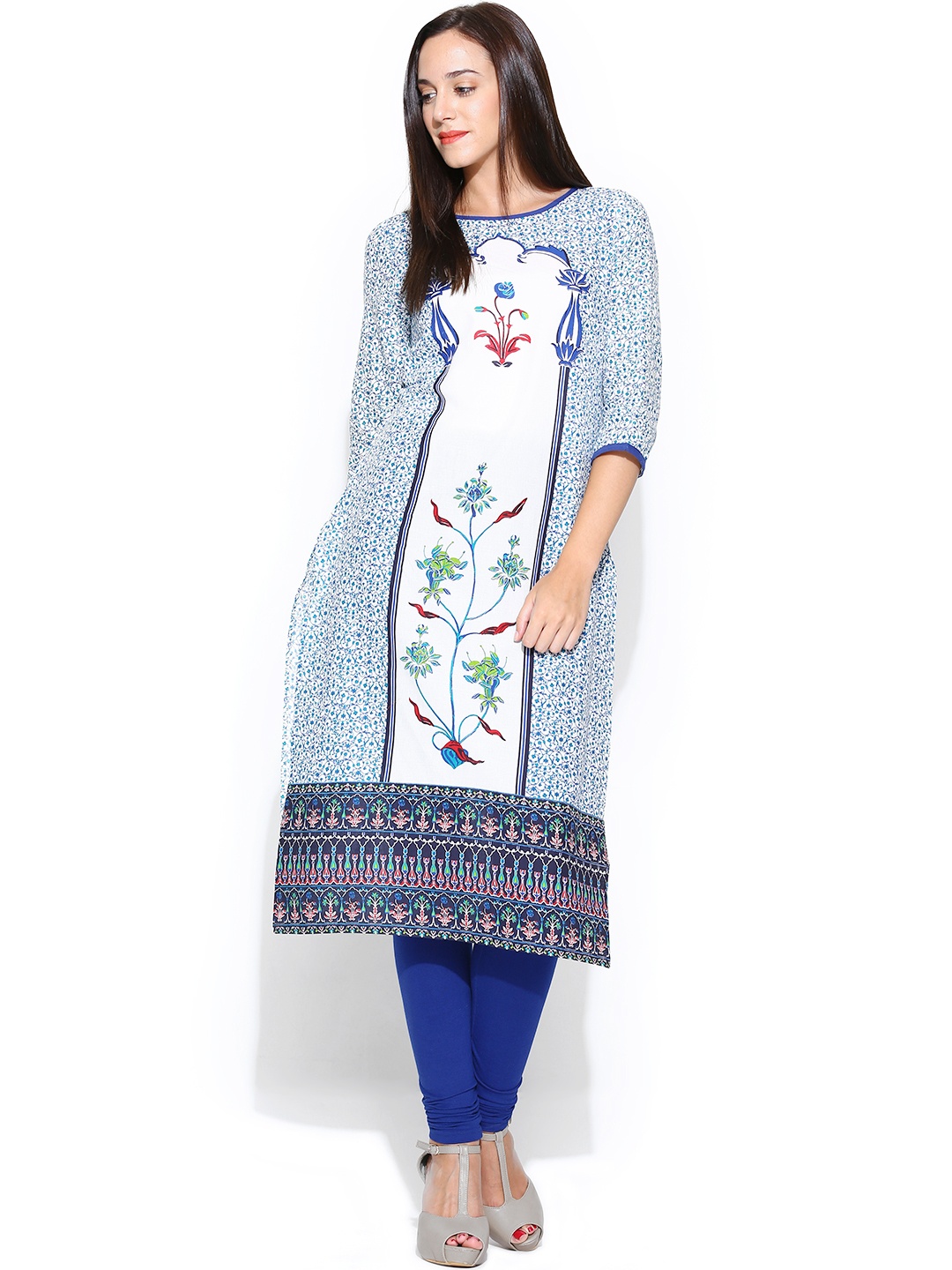 

Aurelia Women White & Blue Printed Kurta