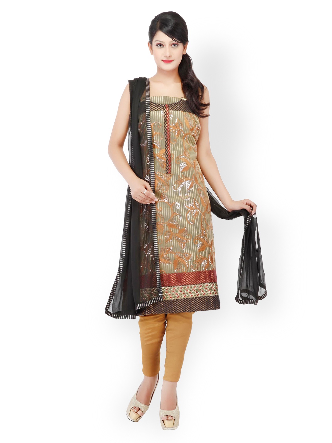 

Chhabra 555 Green & Brown Unstitched Dress Material