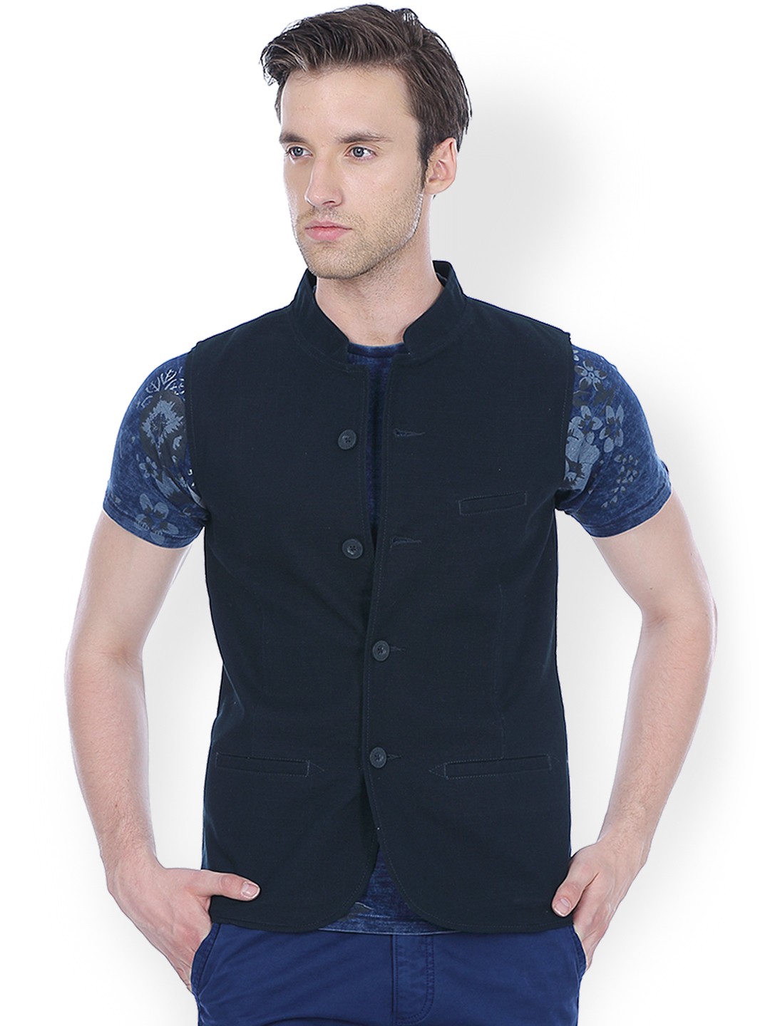 

Basics Men Navy Slim Fit Nehru Jacket, Navy blue