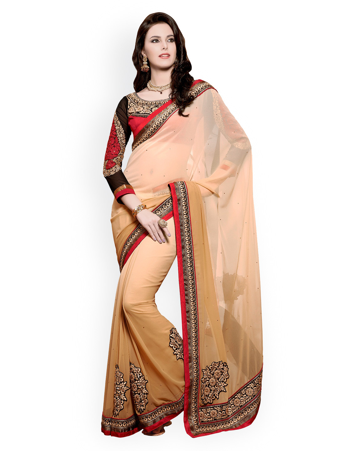 

Kalista Beige Embroidered Georgette Partywear Saree