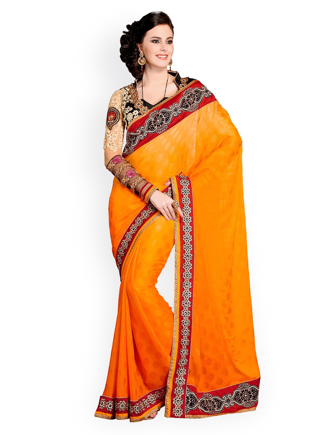 

Kalista Orange Embroidered Chinon Silk Partywear Saree