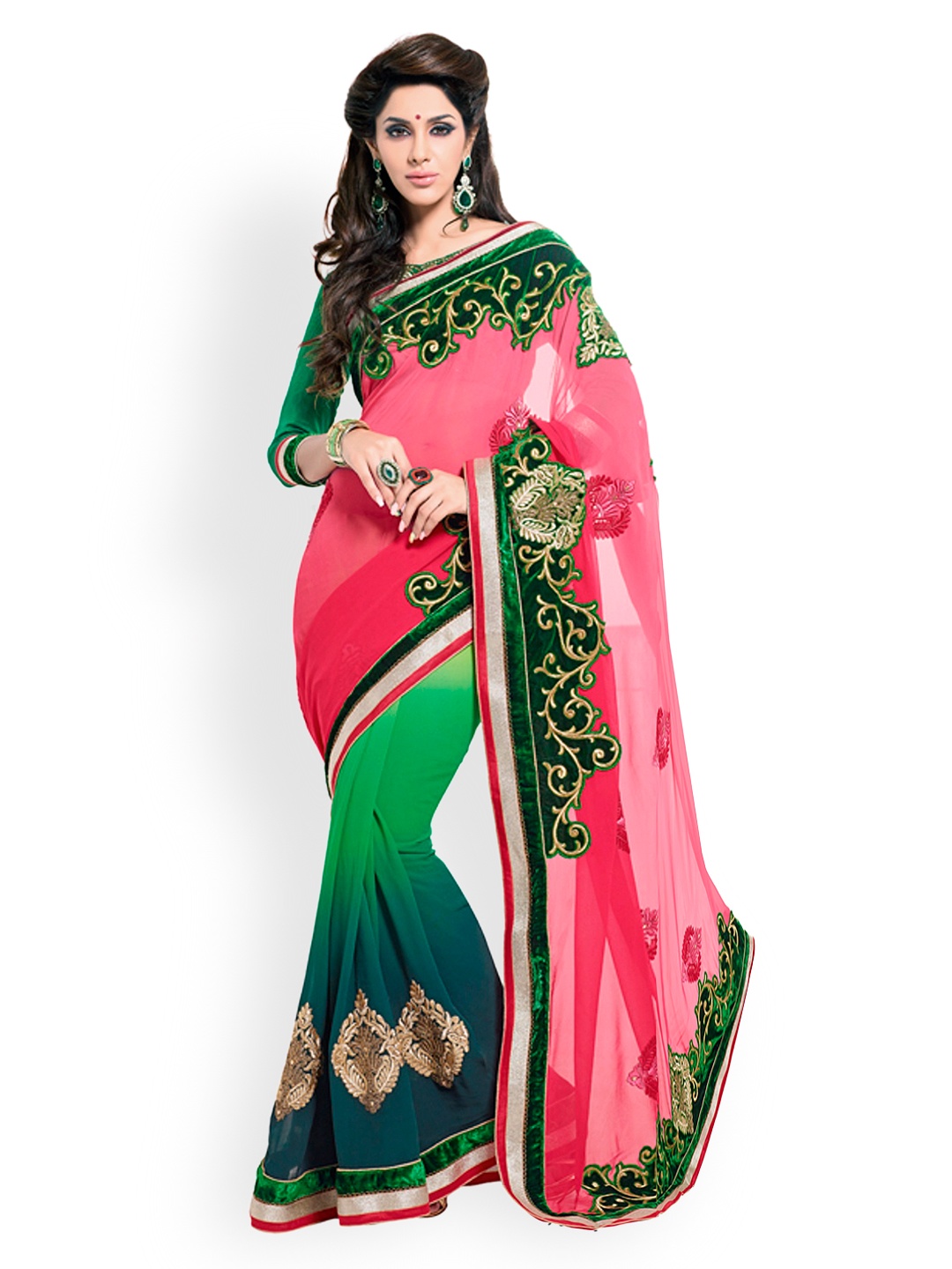 

Kalista Green & Pink Embroidered Georgette Partywear Saree