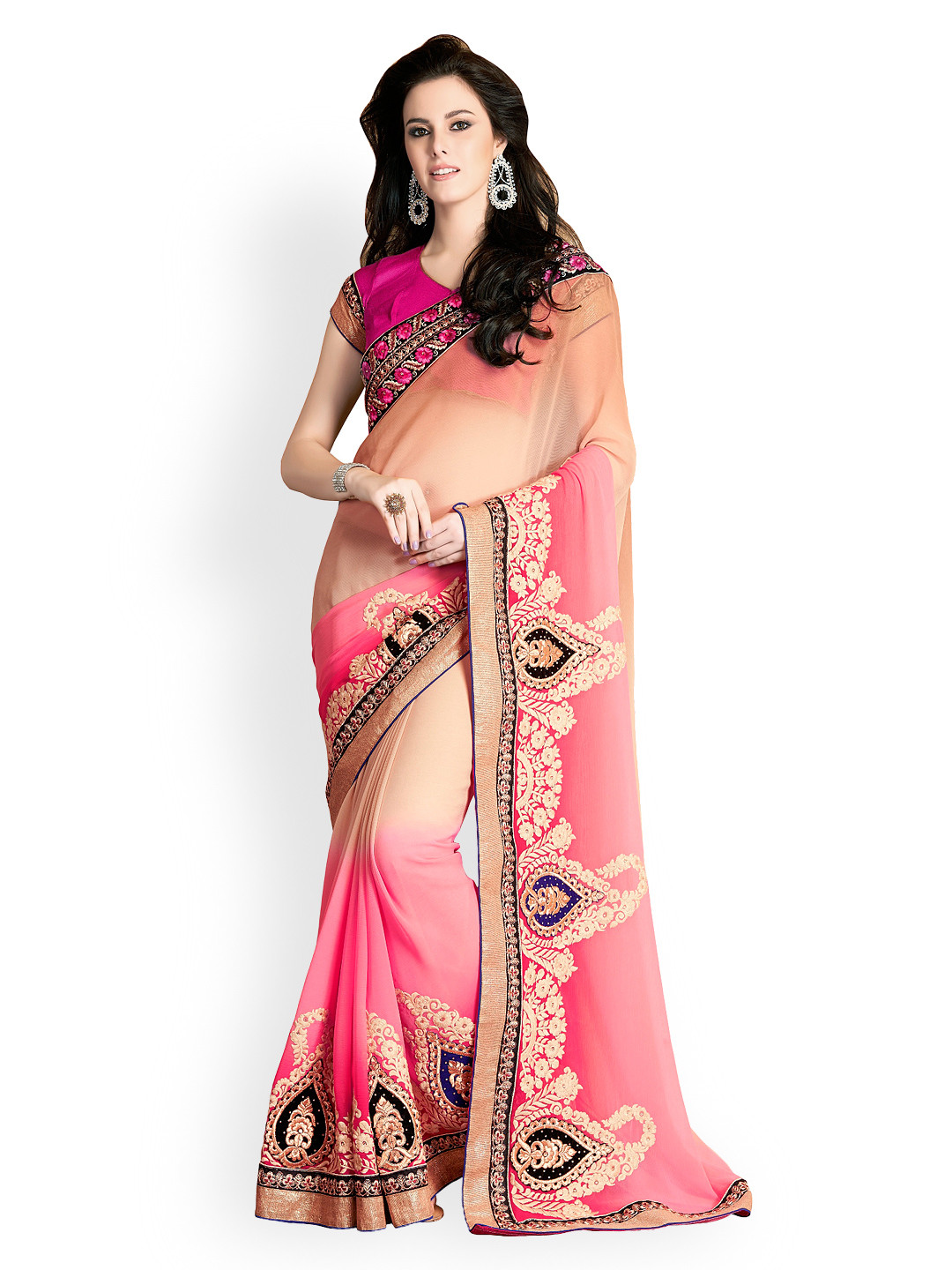 

Kalista Pink & Peach-Coloured Embroidered Chiffon Partywear Saree