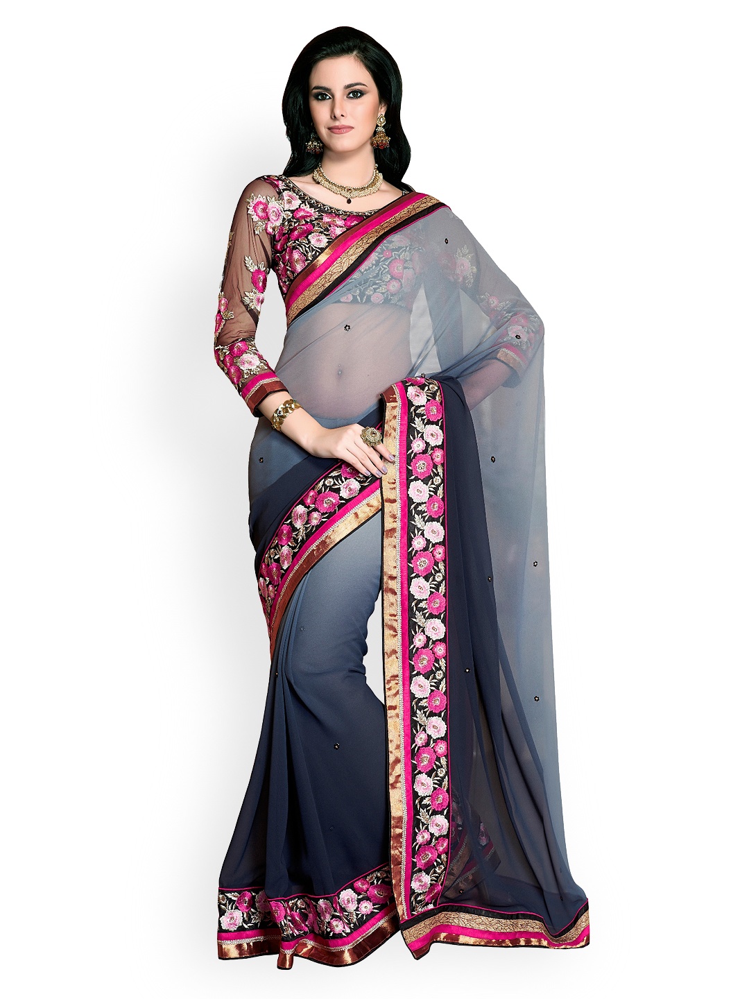 

Kalista Grey Embroidered Georgette Partywear Saree