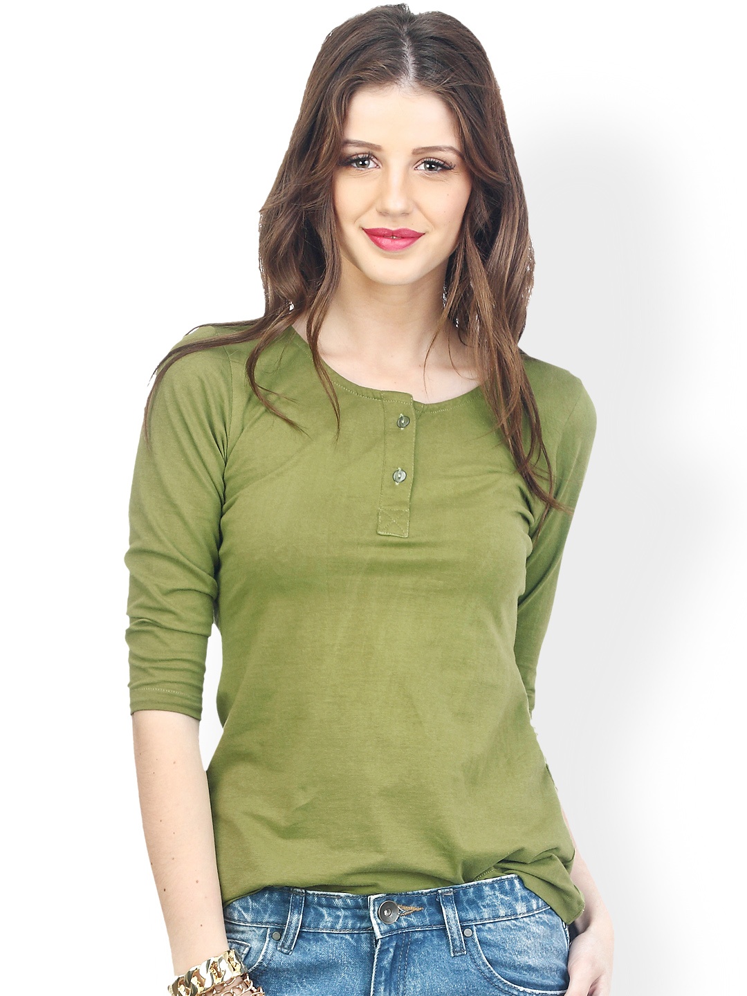 

FabAlley Women Olive Green Henley Neck T-Shirt