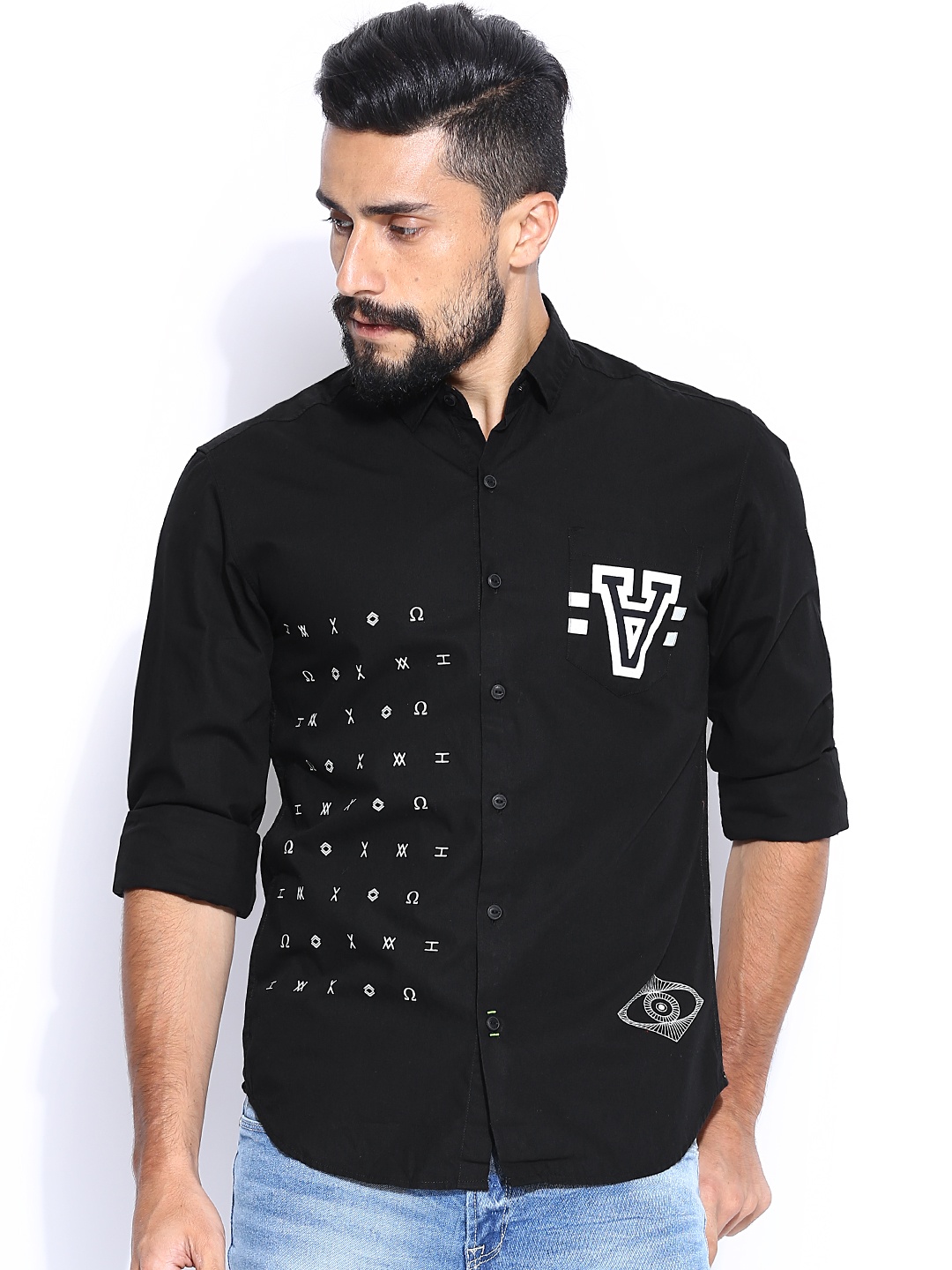 

Locomotive Black Printed Slim Fit Casual Shirt