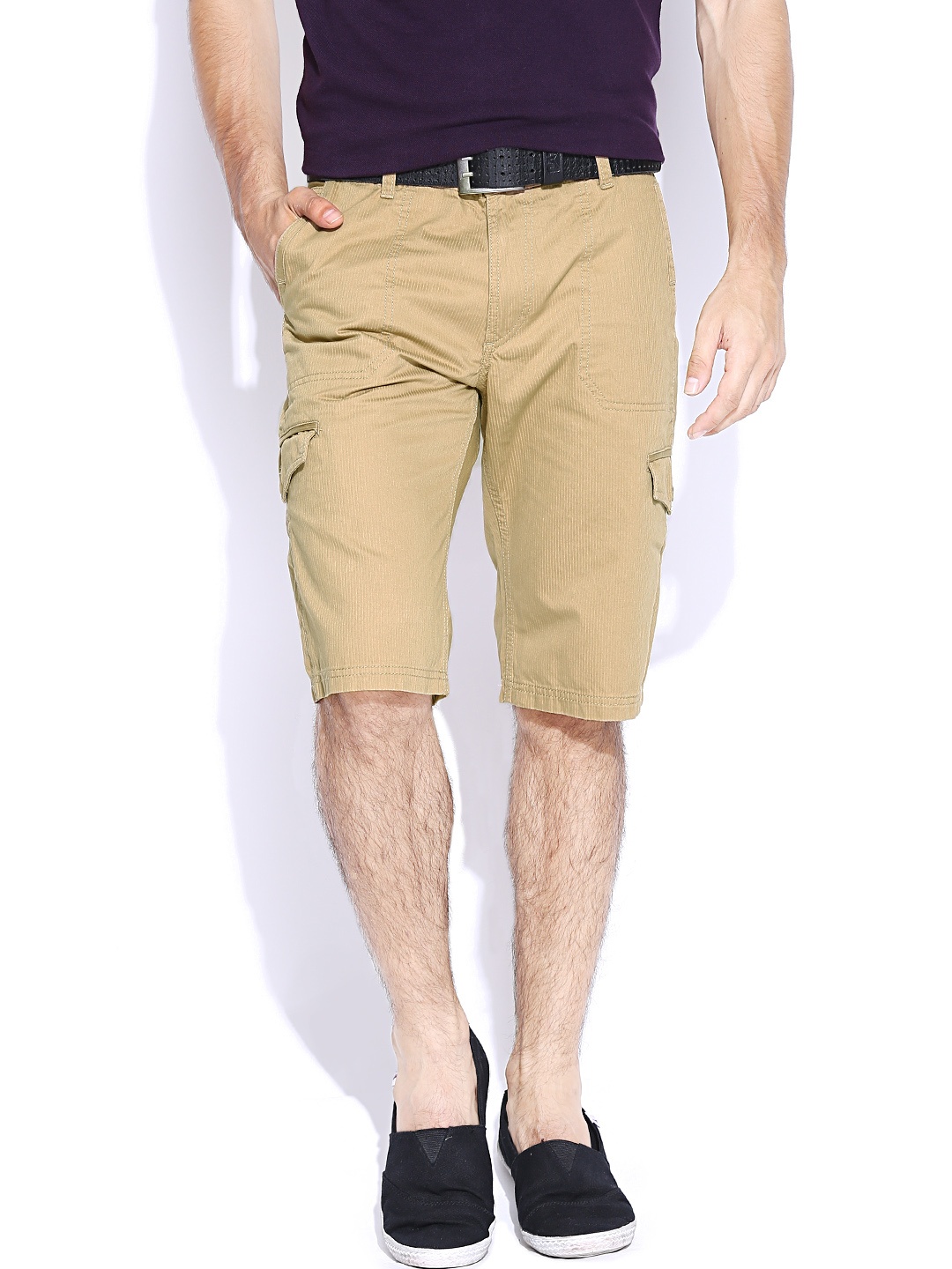 

Locomotive Khaki Self-Striped Slim Fit Shorts, Beige