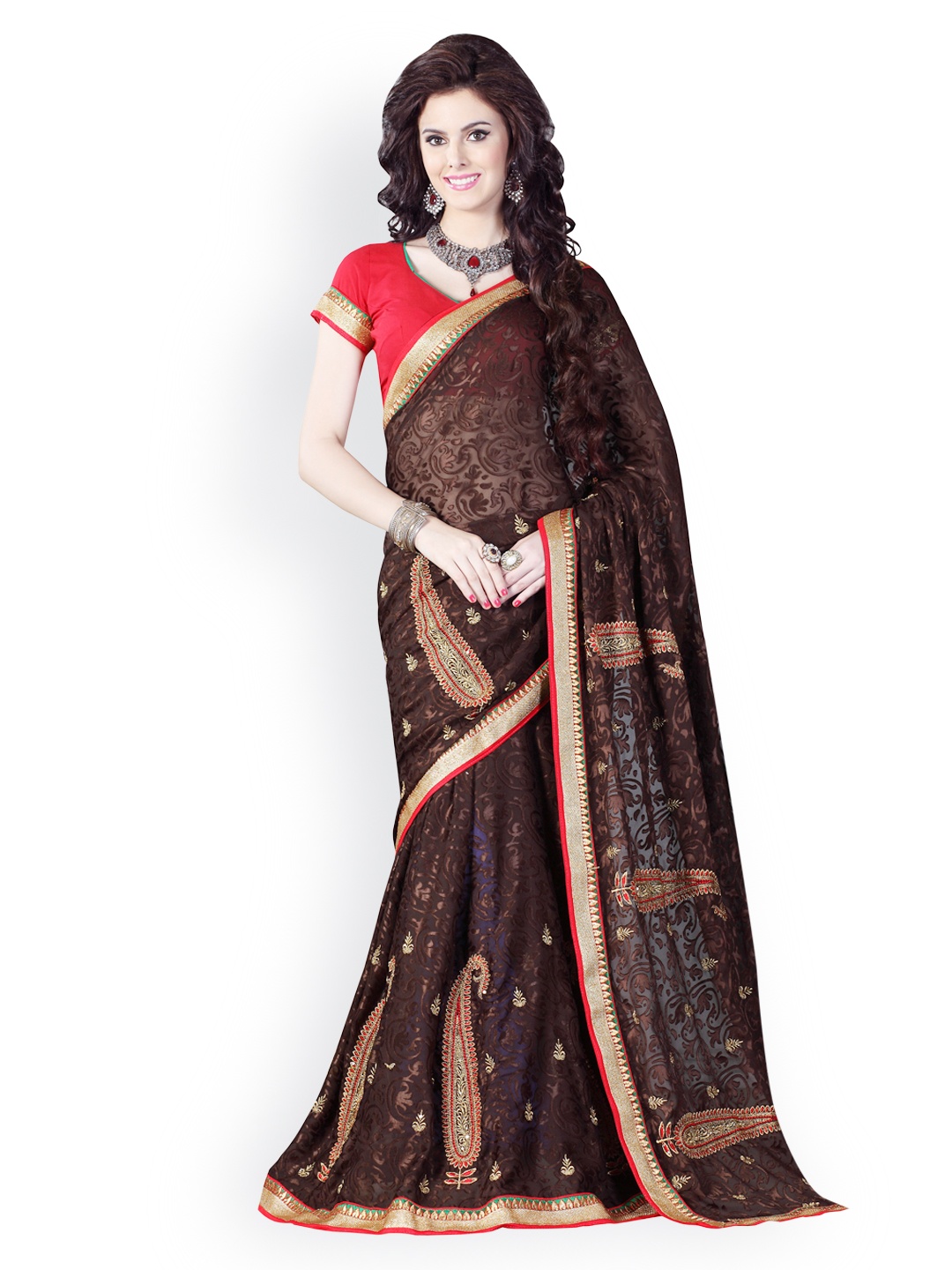 

Kalista Brown Embroidered Brasso Partywear Saree