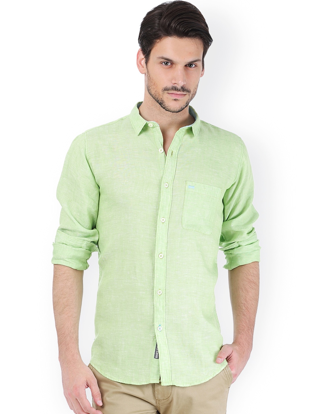 

Basics Men Green Linen Slim Fit Casual Shirt