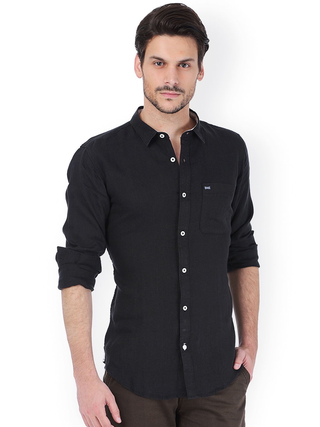 

Basics Men Black Linen Slim Fit Casual Shirt