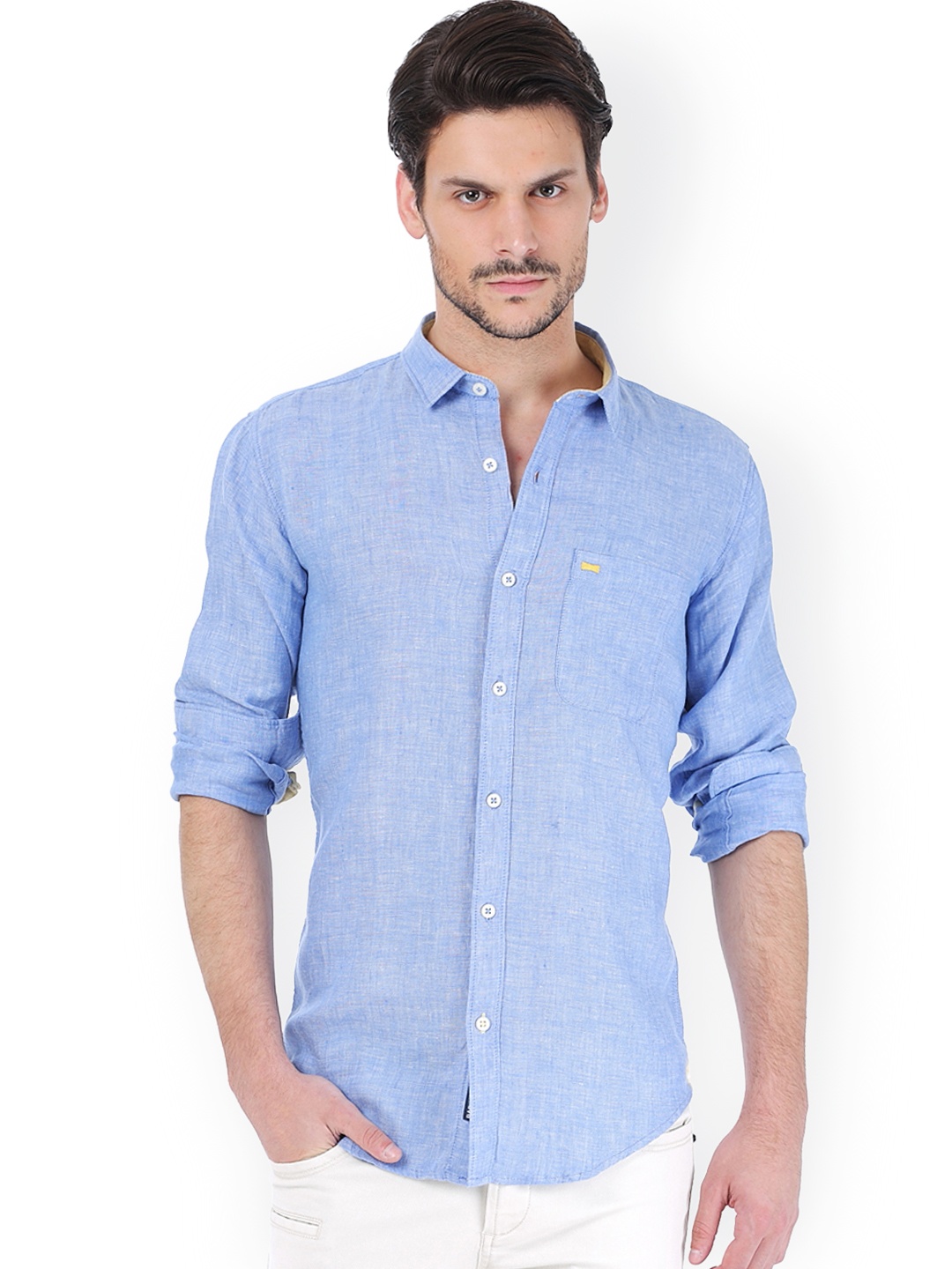 

Basics Men Blue Linen Slim Fit Casual Shirt