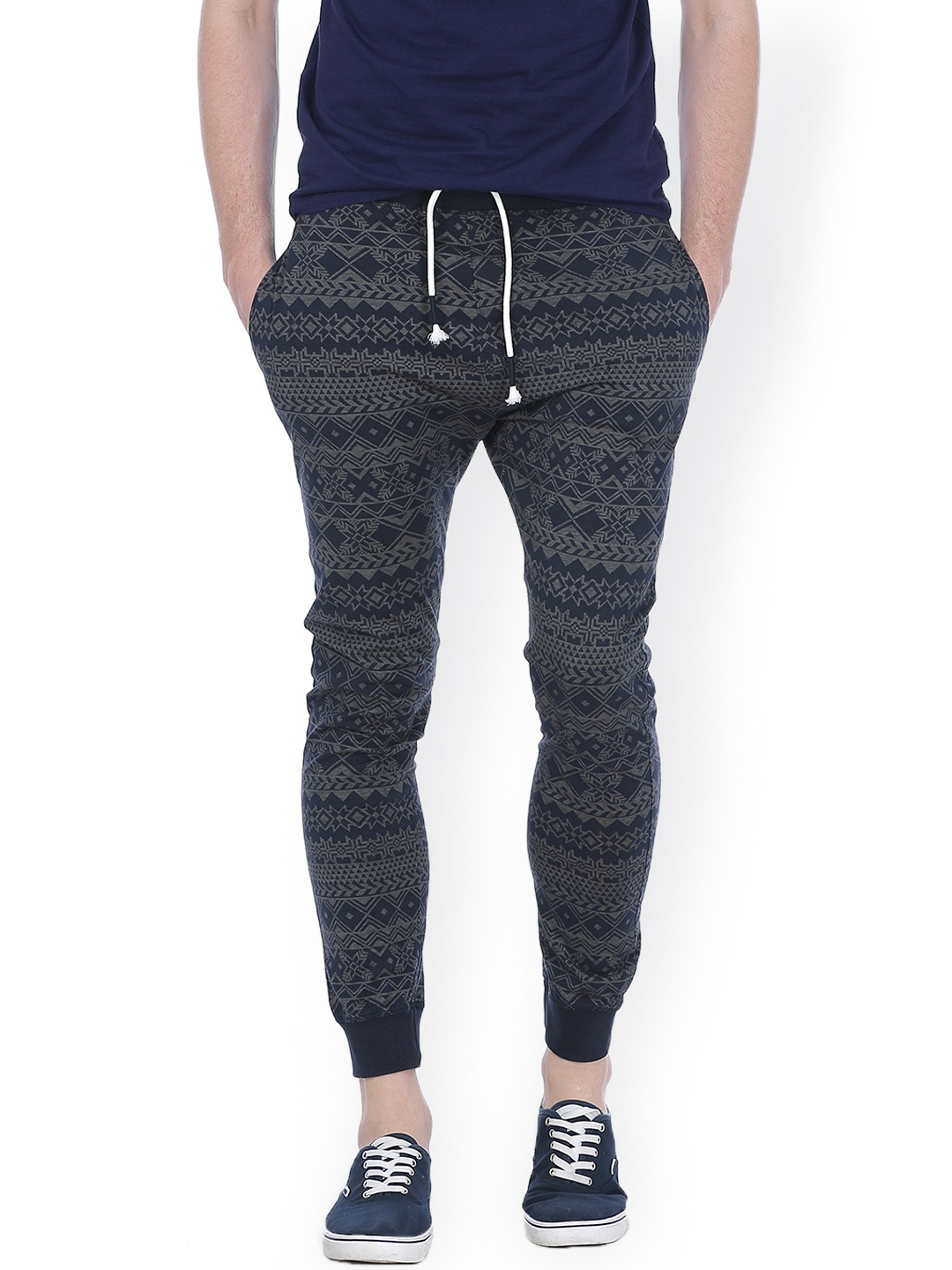 

Basics Men Grey & Navy Printed Tapered Fit Track Pants