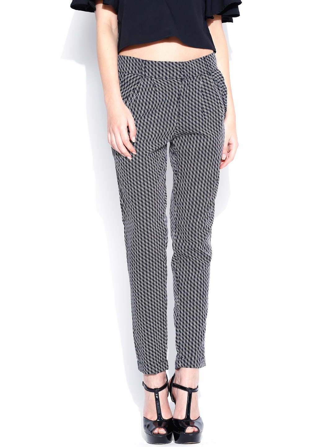 

Tokyo Talkies Black & White Printed Slim Fit Trousers