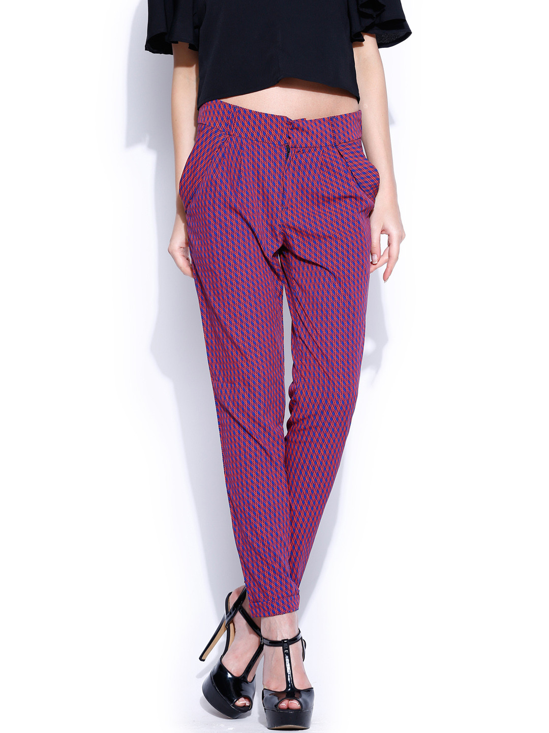 

Tokyo Talkies Blue & Coral Pink Printed Slim Fit Trousers