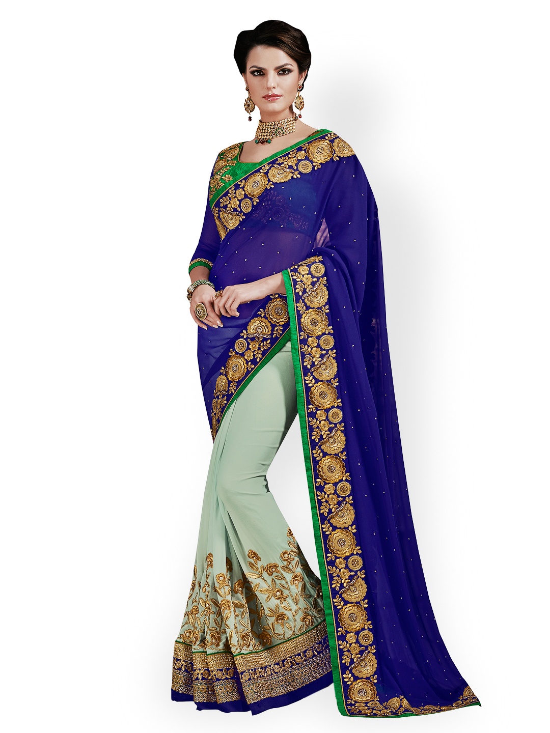 

Kalista Green & Blue Embroidered Georgette Embellished Saree