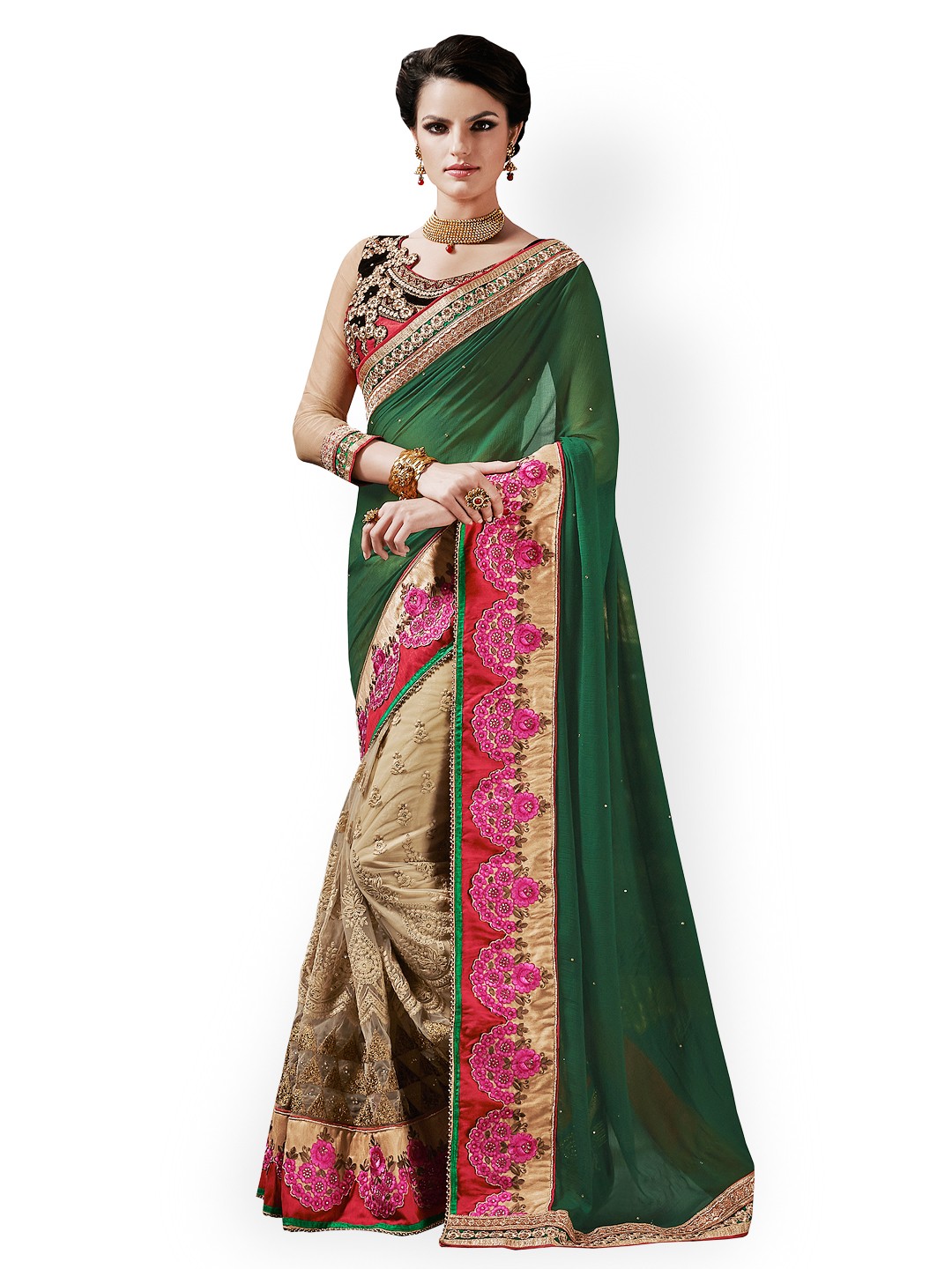 

Kalista Green & Beige Embroidered Chiffon & Net Partywear Saree