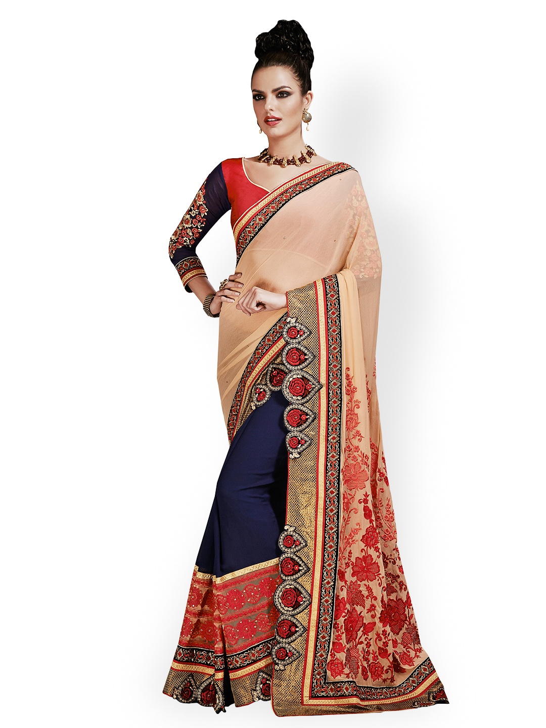 

Kalista Peach-Coloured & Navy Embroidered Faux Chiffon Embellished Saree