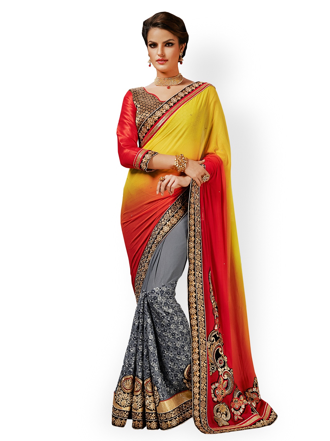 

Kalista Yellow & Grey Embroidered Faux Chiffon Embellished Saree