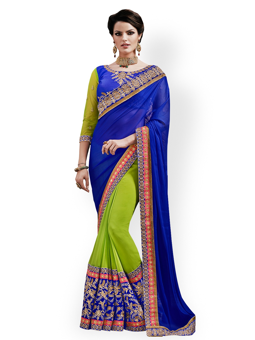 

Kalista Green & Blue Embroidered Faux Chiffon Embellished Saree