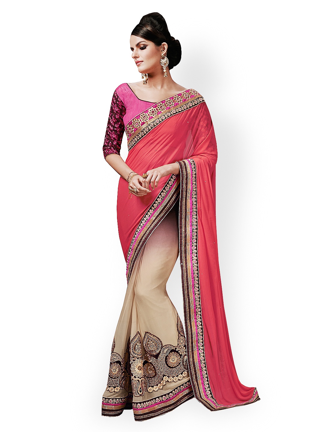 

Kalista Peach-Coloured & Beige Embroidered Faux Chiffon Embellished Saree