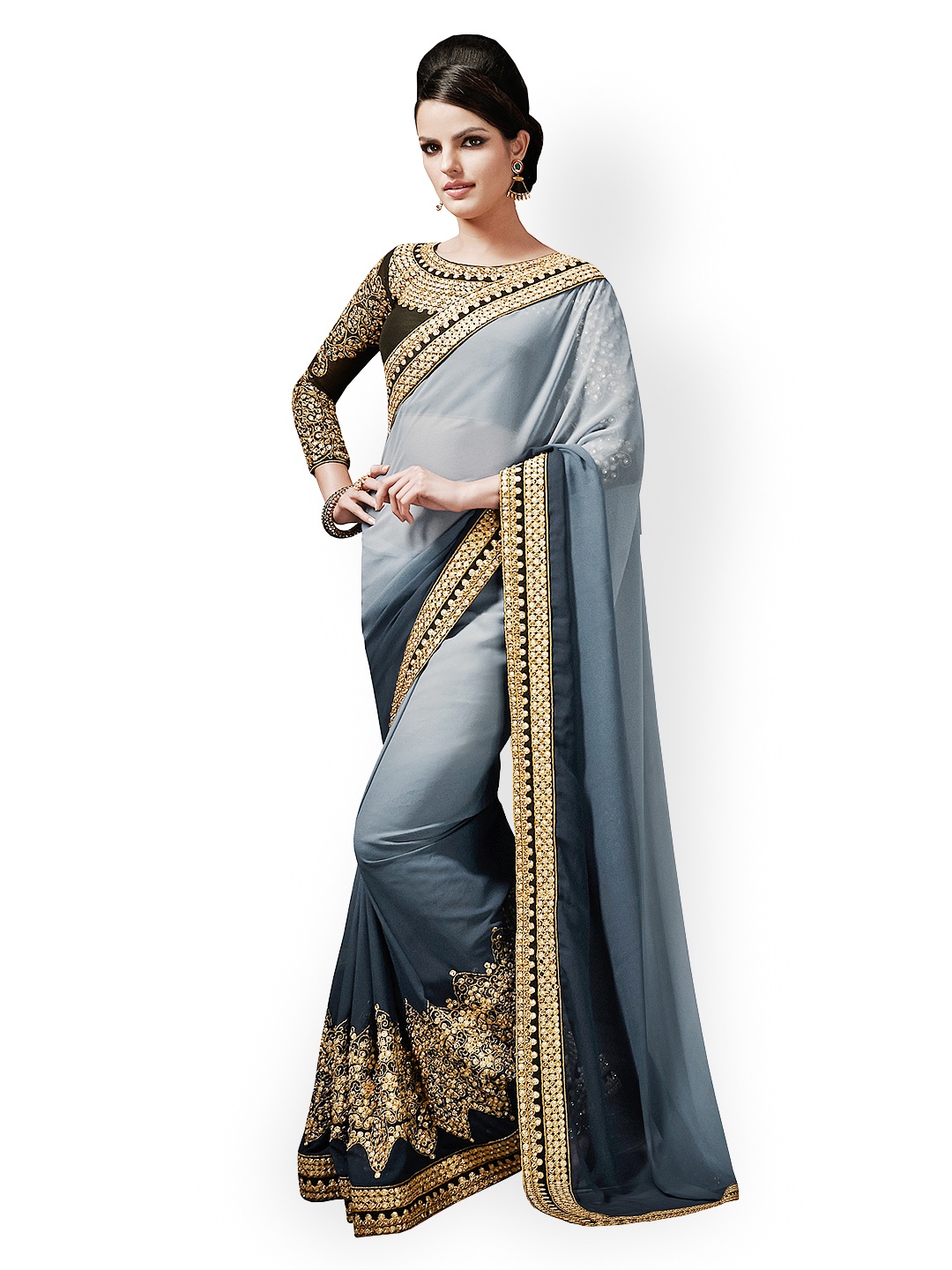 

Kalista Grey Embroidered Ombre-Dyed Poly Georgette Embellished Saree