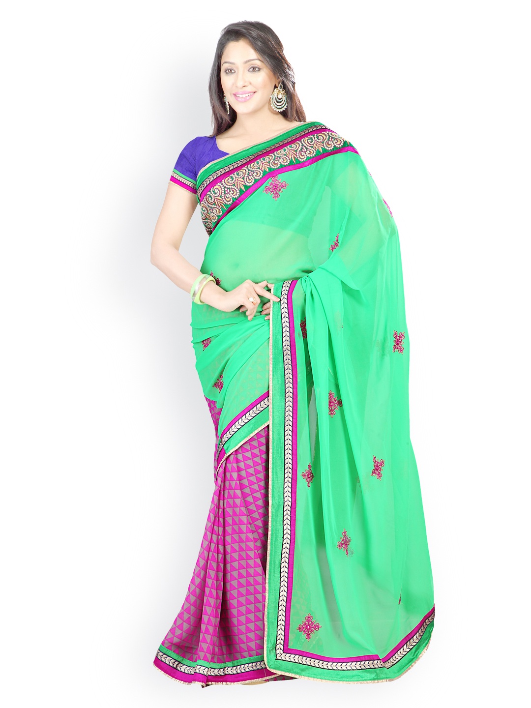

Kalista Sea Green & Magenta Embroidered Poly Chiffon & Georgette Fashion Saree