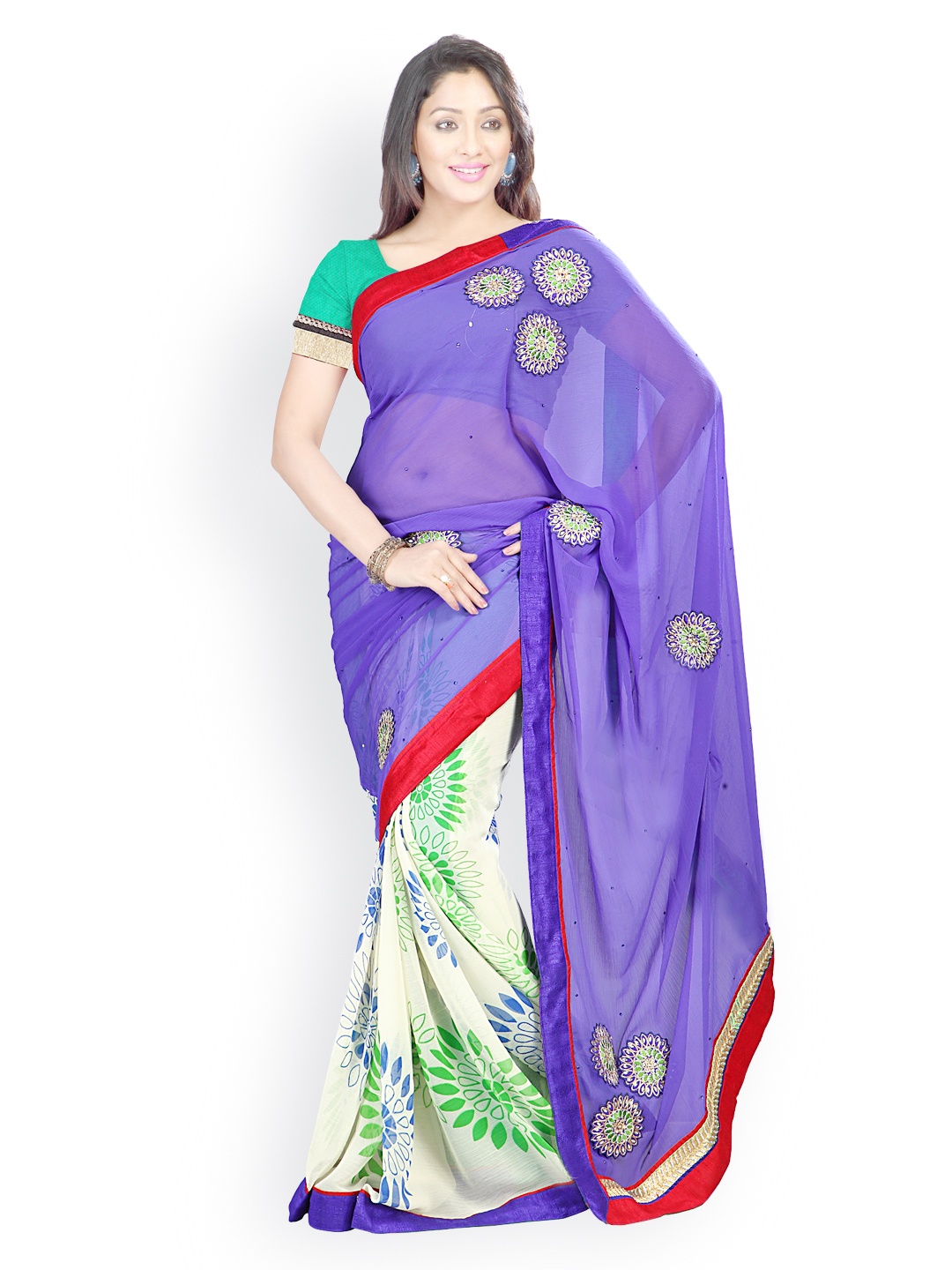 

Kalista Blue & White Embroidered Poly Chiffon Fashion Saree