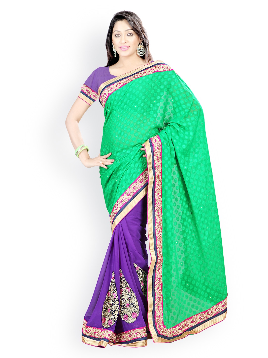 

Kalista Green & Purple Jacquard & Poly Chiffon Fashion Saree