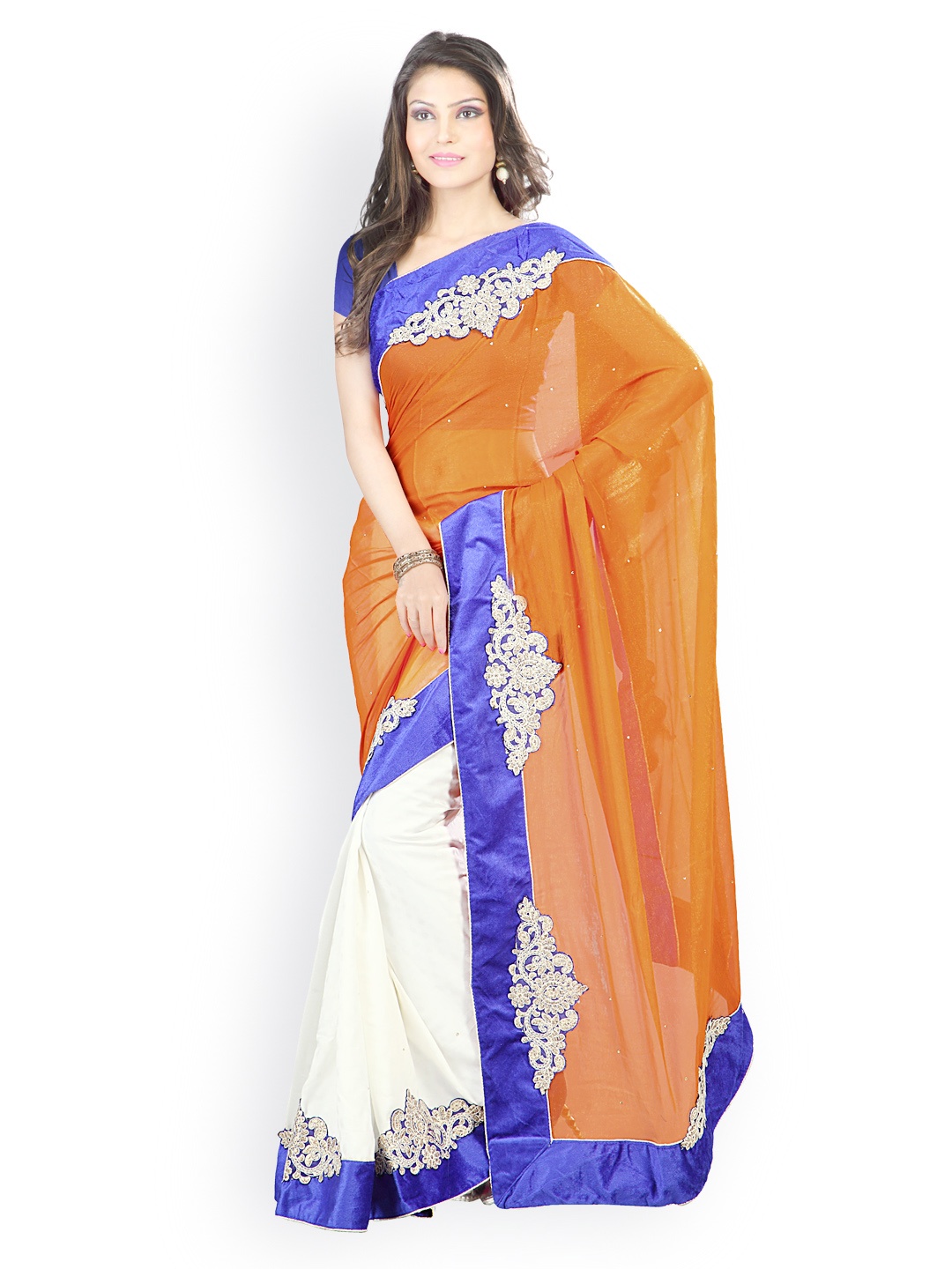 

Kalista Orange & White Embroidered Faux Chiffon & Jacquard Partywear Saree