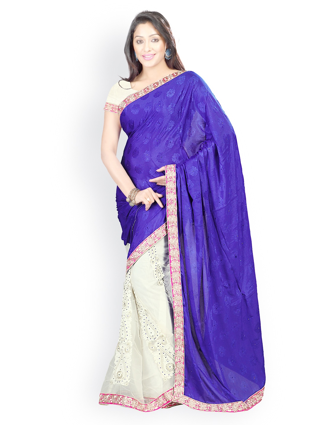 

Kalista Blue & White Embroidered Jacquard & Net Partywear Saree