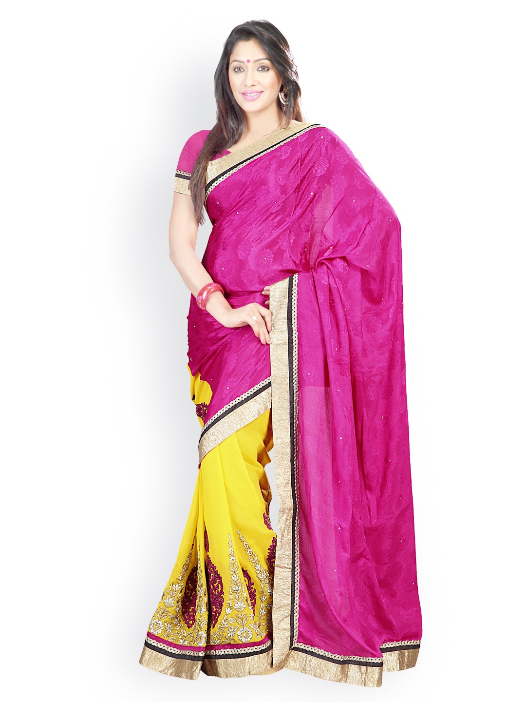 

Kalista Pink & Yellow Embroidered Faux Chiffon Partywear Saree
