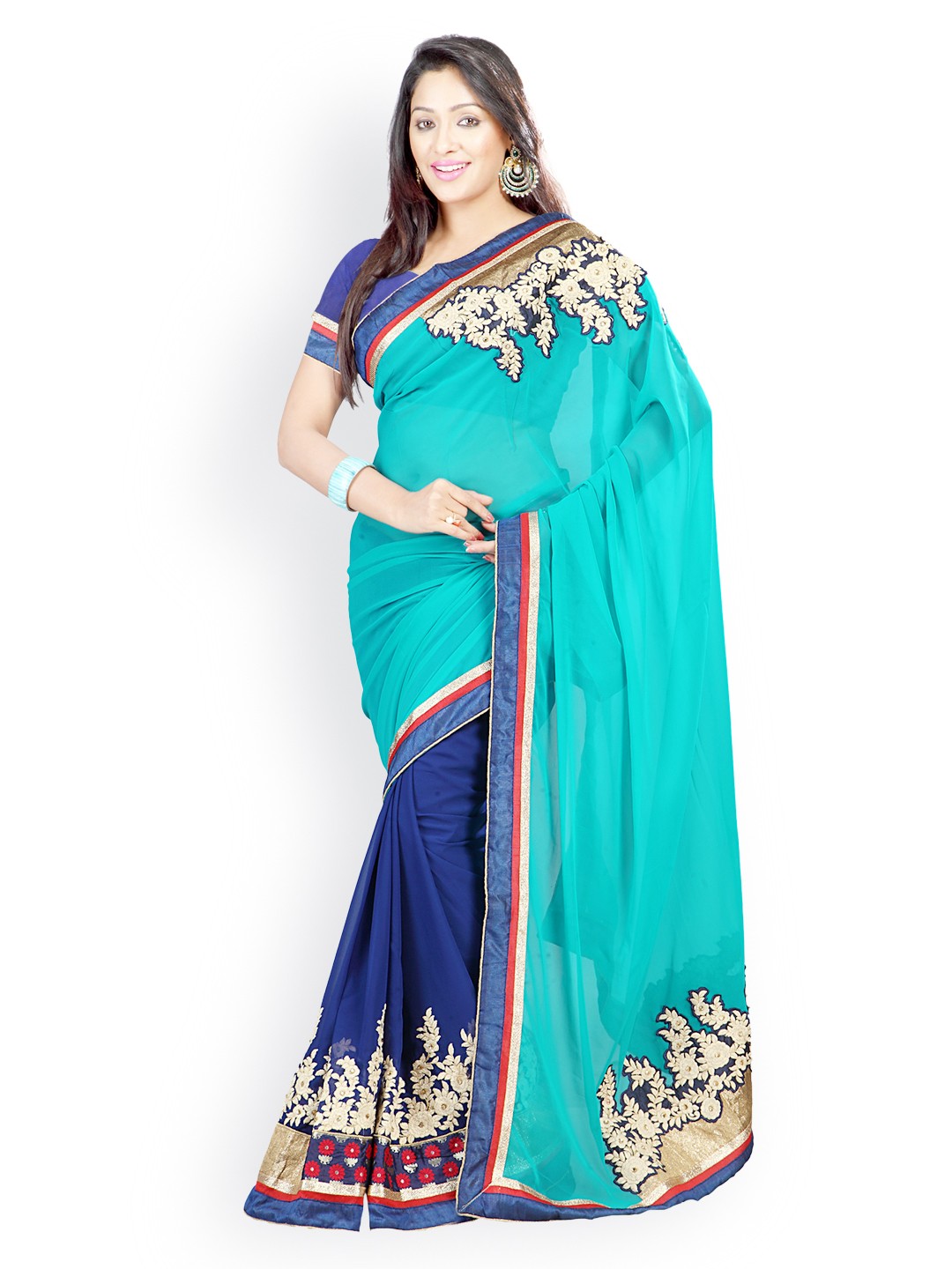 

Kalista Blue Embroidered Faux Chiffon Partywear Saree