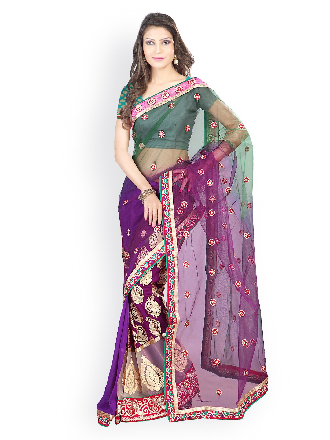

Kalista Green & Purple Net & Faux Chiffon Partywear Saree