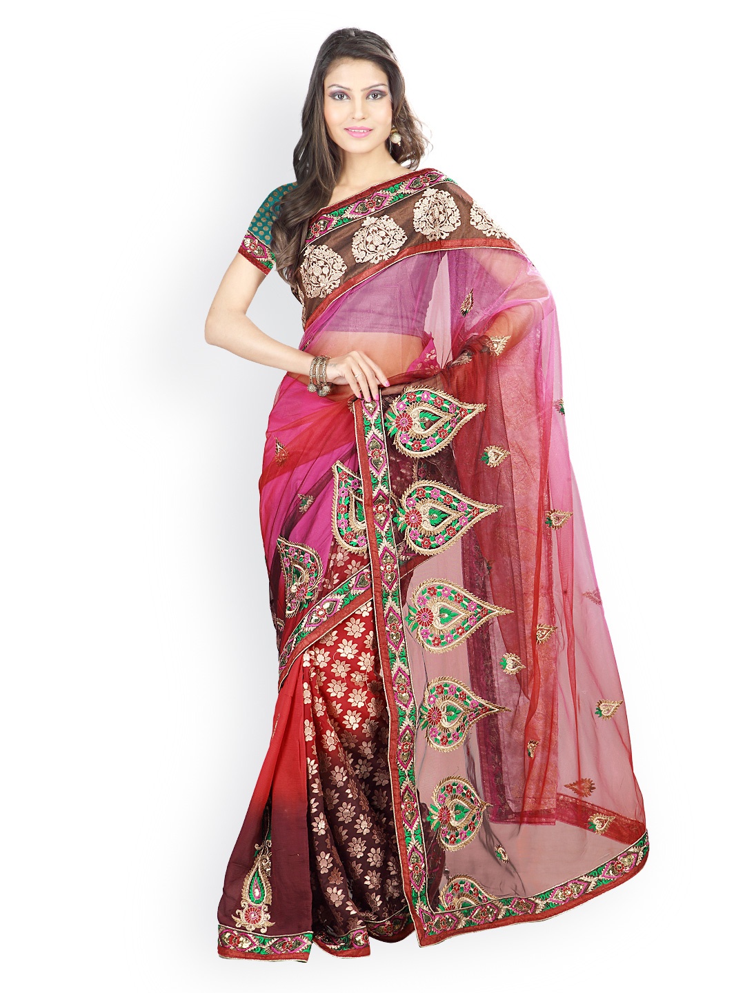 

Kalista Pink & Red Embroidered Faux Chiffon & Brasso Partywear Saree
