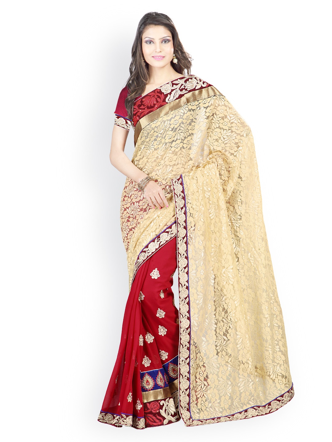 

Kalista Beige & Red Embroidered Net & Chiffon Partywear Saree
