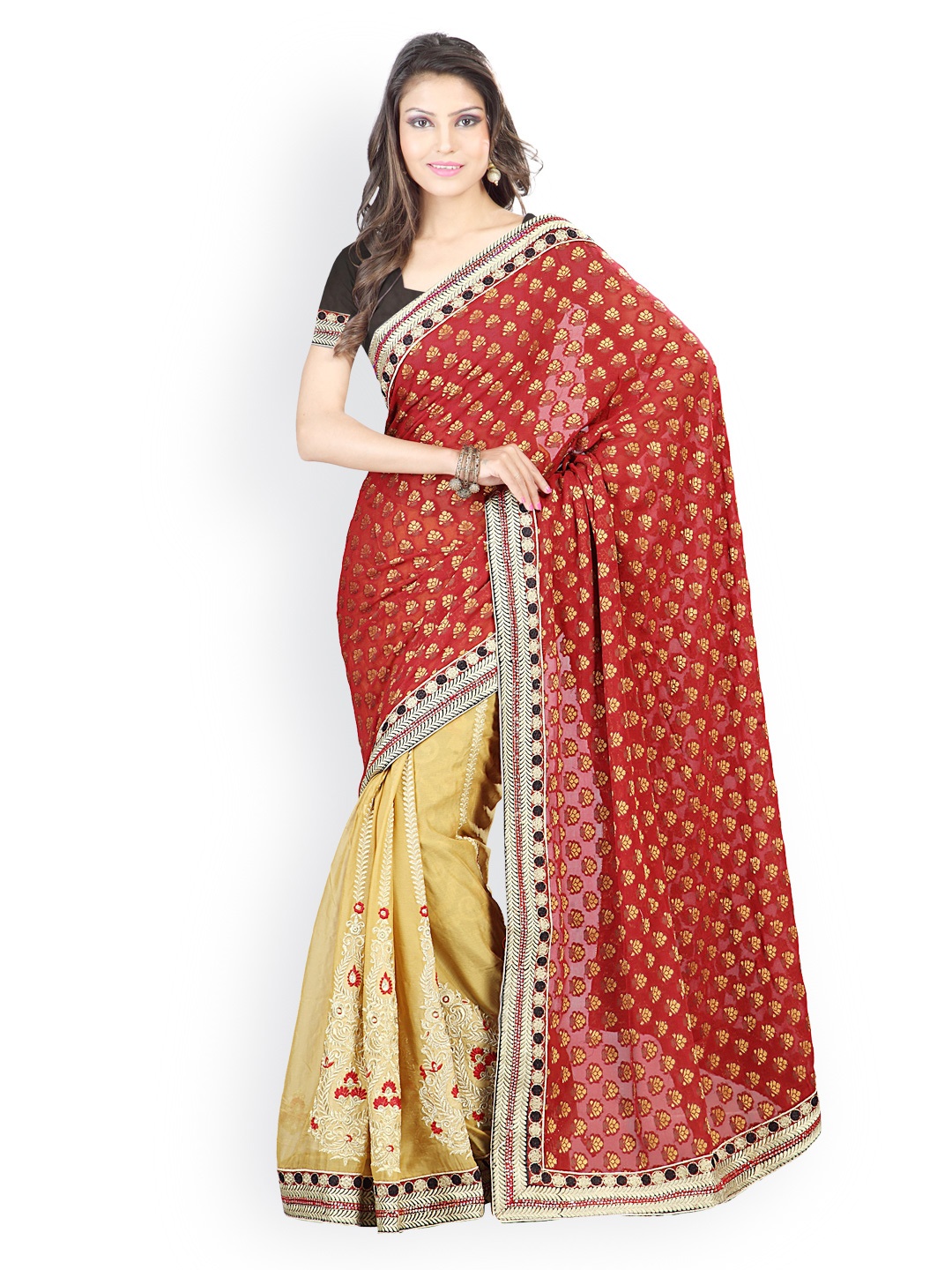 

Kalista Red & Beige Embroidered Chiffon Partywear Saree